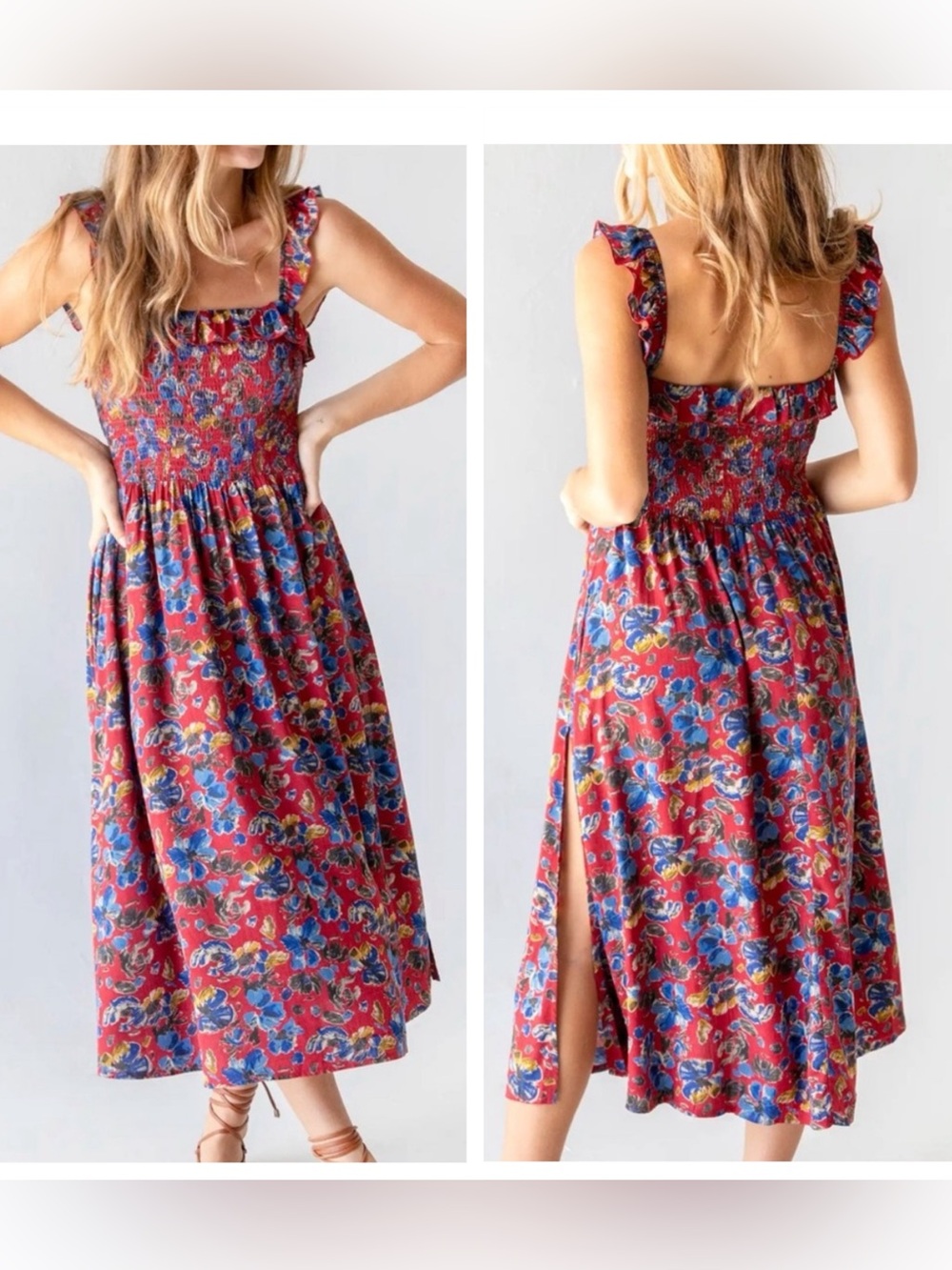 Natural Life Megan Smocked Midi Dress with side slit. L